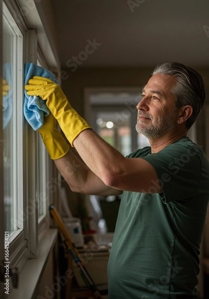 Fototapeta Mature man in yellow gloves cleaning window with blue cloth, domestic chores, home maintenance and upkeep, creating a sparkling clean living space with attention to detail