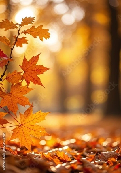 Fototapeta Vibrant golden and orange maple and oak leaves beautifully illuminated by warm sunlight, crafting a stunning and serene autumn forest path