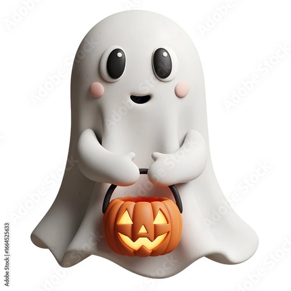 Fototapeta Cute Ghost Holding Pumpkin Bucket for Trick-or-Treating in 3D Pastel Clay Style
