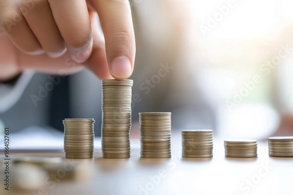 Obraz Close-up of businessman's hand placing stacked coins in rising row on table representing financial growth and money investment business concept