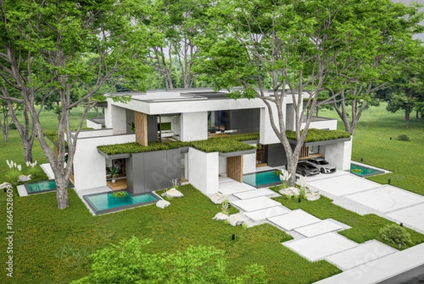 Fototapeta 3d rendering of two-story house with parking and pool for sale or rent with concrete facade and beautiful landscaping. Cloudy white sky overcast, soft shadows