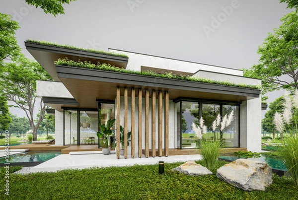 Fototapeta 3d rendering of two-story house with parking and pool for sale or rent with concrete facade and beautiful landscaping. Cloudy white sky overcast, soft shadows