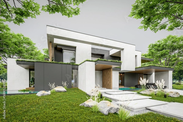 Fototapeta 3d rendering of two-story house with parking and pool for sale or rent with concrete facade and beautiful landscaping. Cloudy white sky overcast, soft shadows