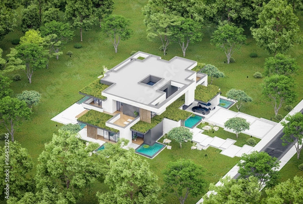 Fototapeta 3d rendering of two-story house with parking and pool for sale or rent with concrete facade and beautiful landscaping. Cloudy white sky overcast, soft shadows