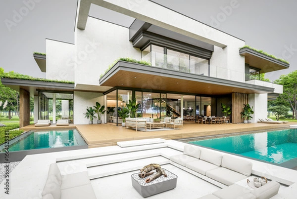 Fototapeta 3d rendering of two-story house with parking and pool for sale or rent with concrete facade and beautiful landscaping. Cloudy white sky overcast, soft shadows