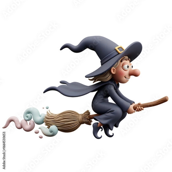 Fototapeta Witch Mid-Flight on Broomstick in 3D Claymation Pastel Halloween Style