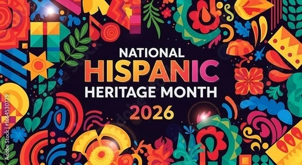 Fototapeta A vibrant and colorful graphic design celebrating national hispanic heritage month in 2026, featuring festive patterns and cultural symbols against a dark background, promoting unity and pride