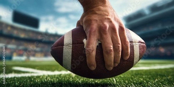 Fototapeta The Football Held on Turf by Player Ready for Kickoff in Stadium