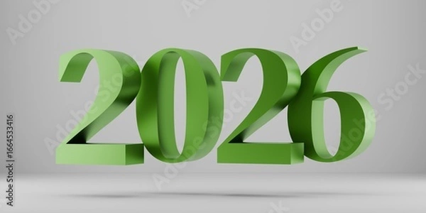 Fototapeta Modern 3D rendering of bold green number 2026 isolated on gray background. Futuristic typography design concept for new year celebration, calendar, or business presentation.