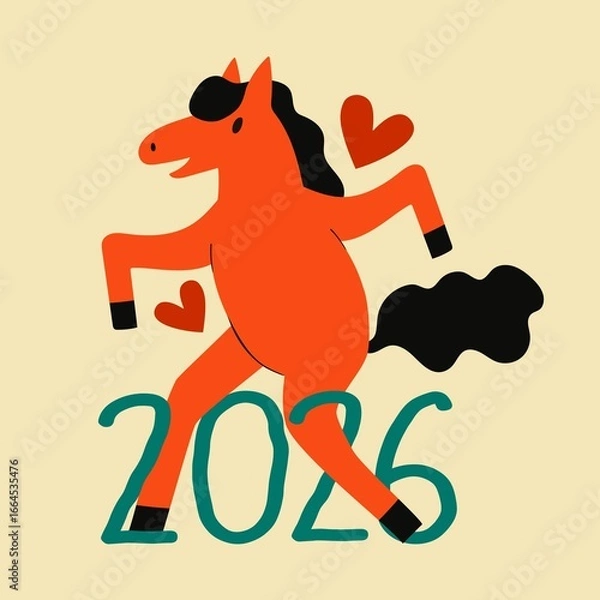 Fototapeta Vector illustration with dancing red fire horse and 2026 number. Symbol of New Year 2026, print design with farm animal. Greeting card, apparel, poster