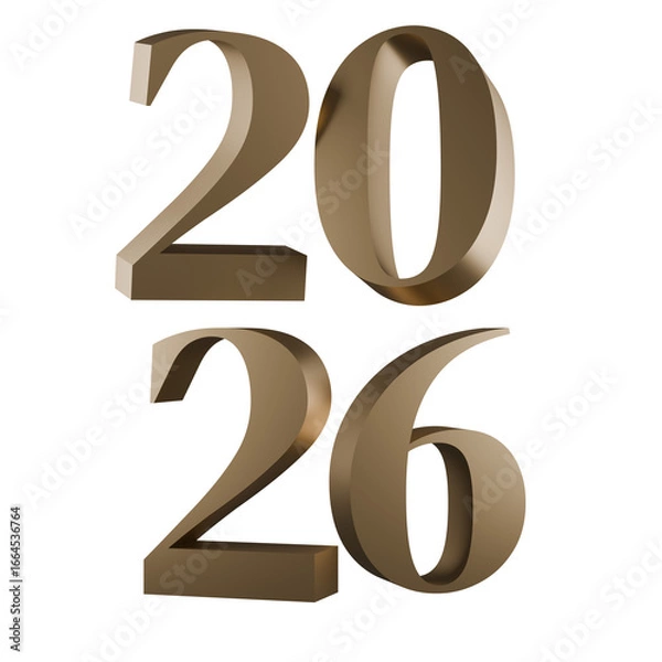Fototapeta 3D metallic gold numbers 2026 in a sleek, modern design. Ideal for event branding, sports logos, and new year themes. Perfect for digital and print media.