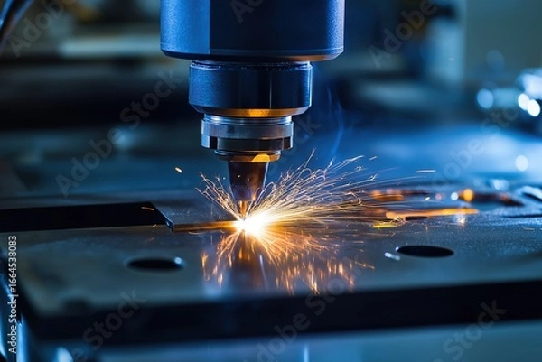 Fototapeta Industrial laser welding machine in action with sparks on steel plate background showcasing advanced CNC metalworking technology for precision manufacturing and product development