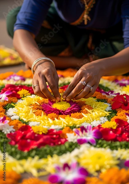 Fototapeta A person is seen with their hands carefully arranging vibrant, colorful flowers into a beautiful, circular floral pattern on the ground