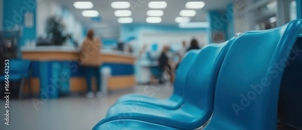 Fototapeta Rows of empty blue chairs in a brightly lit waiting area with people and a reception desk in the background