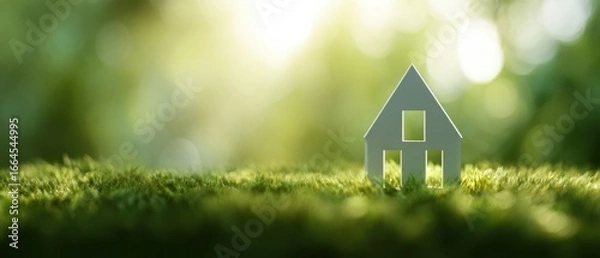 Fototapeta The house silhouette on lush green grass with soft sunlight and bokeh background