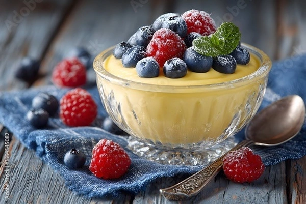 Obraz Creamy custard dessert in glass with berries and spoon on rustic wooden surface.