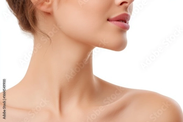 Fototapeta A close-up of a woman's lower face, chin, neck, and shoulder with smooth skin and natural makeup on a white background