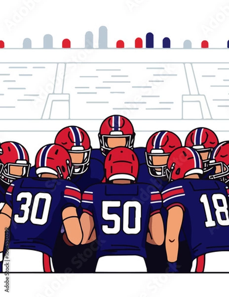 Fototapeta Dynamic illustration of a professional football team in a huddle, showcasing strategic discussion and unity on the field during an intense game, emphasizing teamwork and focus