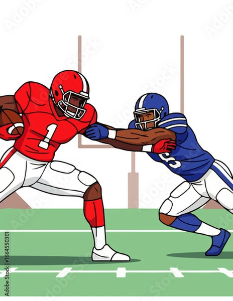 Fototapeta An exciting moment in an American football game, showcasing a determined ball carrier in red breaking away from a defender in blue on a vibrant green field