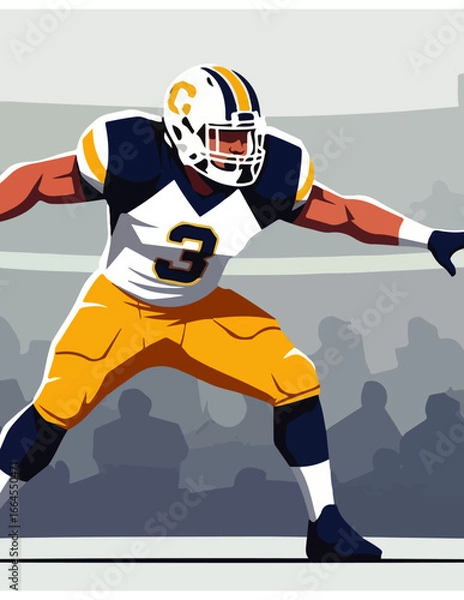 Fototapeta Dynamic illustration capturing the intense focus and powerful stance of an American football player on the field, showcasing the athleticism and competitive spirit of the sport in a game-day scenario