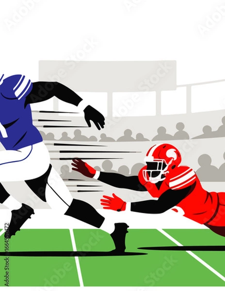 Fototapeta Vibrant vector artwork depicting a thrilling moment in a football game, with a player evading a tackle and another player in pursuit, showcasing athletic competition on the field