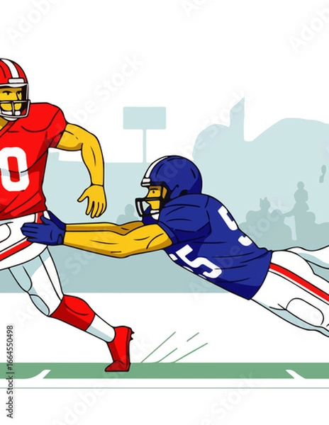 Fototapeta Intense American football illustration capturing a powerful runner in red trying to escape a determined tackle by a blue-clad defender on the gridiron