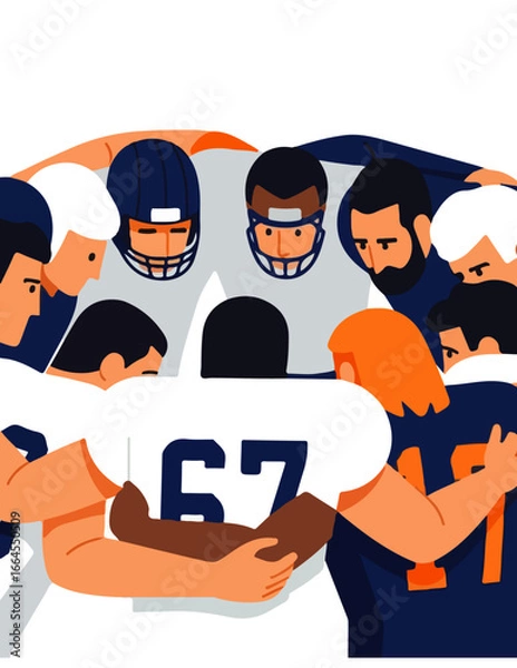 Fototapeta A focused huddle of American football players, united in strategic discussion and team spirit, preparing for the challenge ahead with collective determination