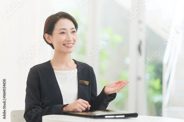 Obraz ジャケット着た笑顔の日本人女性が話をしている。