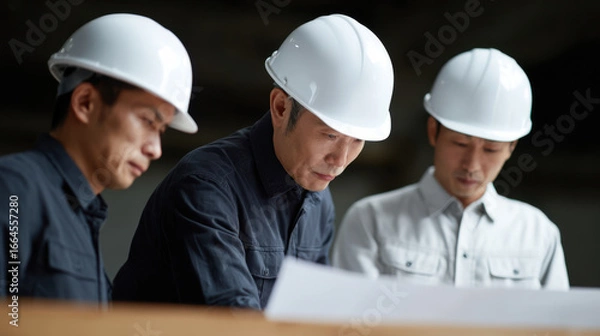 Fototapeta Group of Asian engineers wearing white safety helmet focused on blueprint at construction site with serious expression