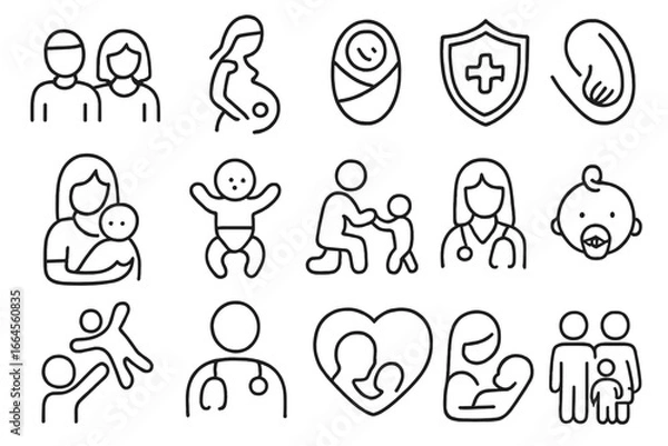 Obraz Family and maternity line icon set. Parenting, pregnancy and newborn baby care icons. Pediatrics, health care and medical symbols. Vector outline pictogram collection for web.