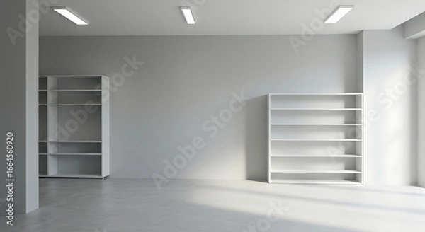 Fototapeta Empty Modern Office Space with White Shelving