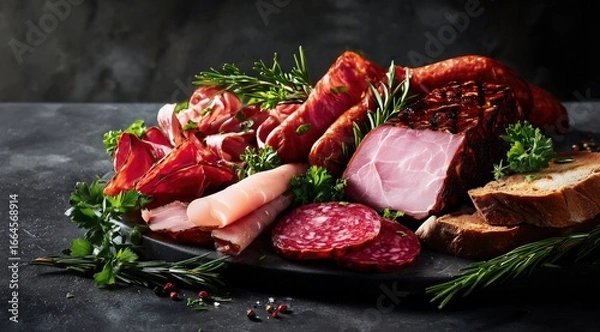 Fototapeta Une assiette de charcuterie avec du jambon, du saucisson, du rôti, de la saucisse et du pain coupé, arrière-plan couleur ardoise créant un contraste de couleurs avec la nourriture, vue de face.