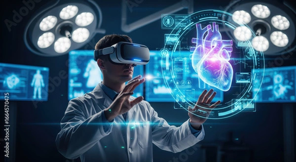 Fototapeta Man with vr headset examining heart hologram in operating room, doctor wearing virtual reality glasses for medical analysis and futuristic technology