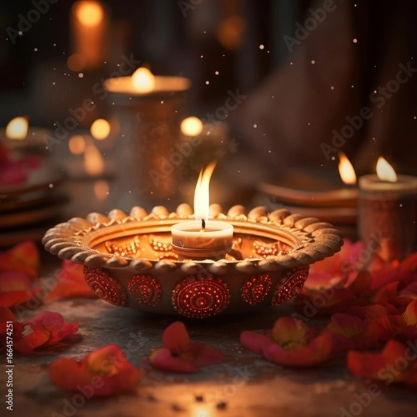 Fototapeta Ornate Indian diya lamp burning flame festive setting bokeh