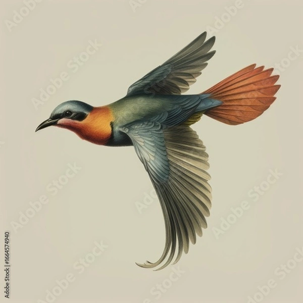 Fototapeta Flying iridescent colorful small bird isolated on off-white background