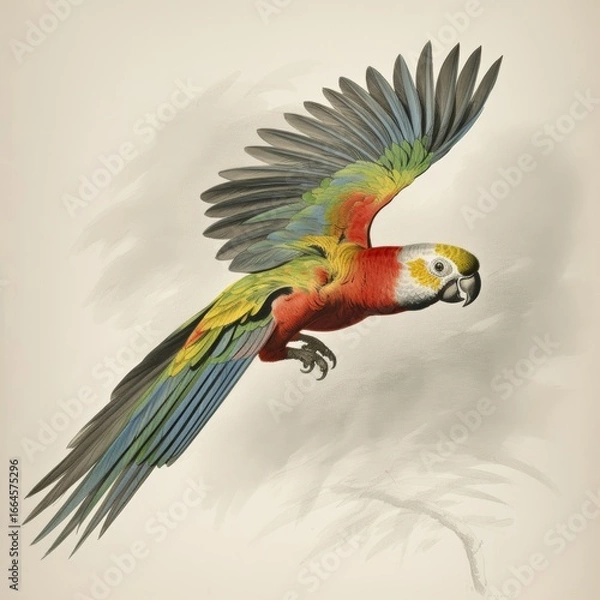 Fototapeta Flying red-faced parrot with colorful plumage isolated on light background