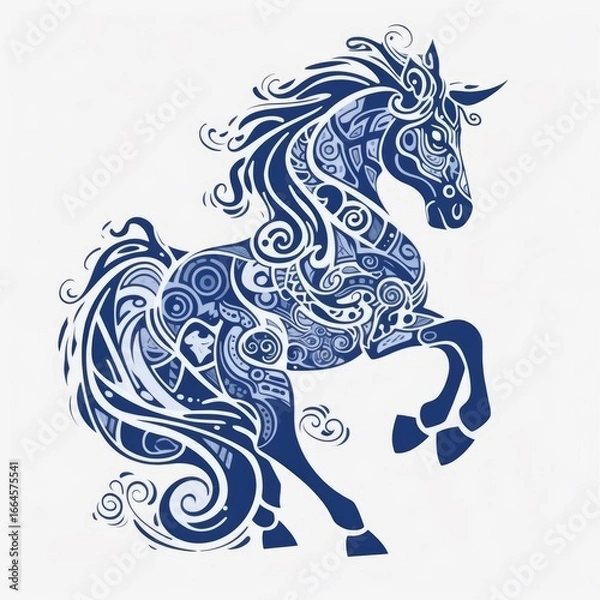 Fototapeta Stylized unicorn with flowing mane and tail in decorative shades of blue