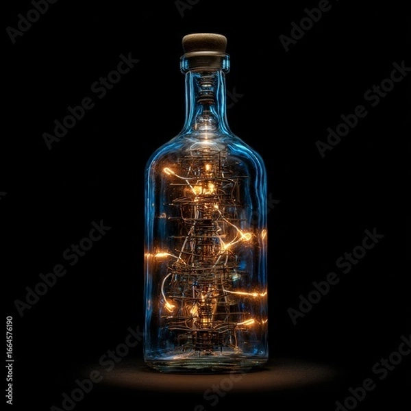 Fototapeta Abstract illustration of mechanical parts and lights inside glass bottle