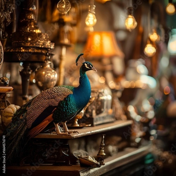 Fototapeta Majestic peacock standing on a cluttered antique wooden table, with decorative metal lanterns and warm glowing lights in the background