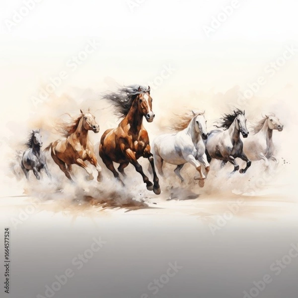 Fototapeta Dynamic painting of a herd of powerful horses of different colors galloping through a dusty field on a soft, neutral background