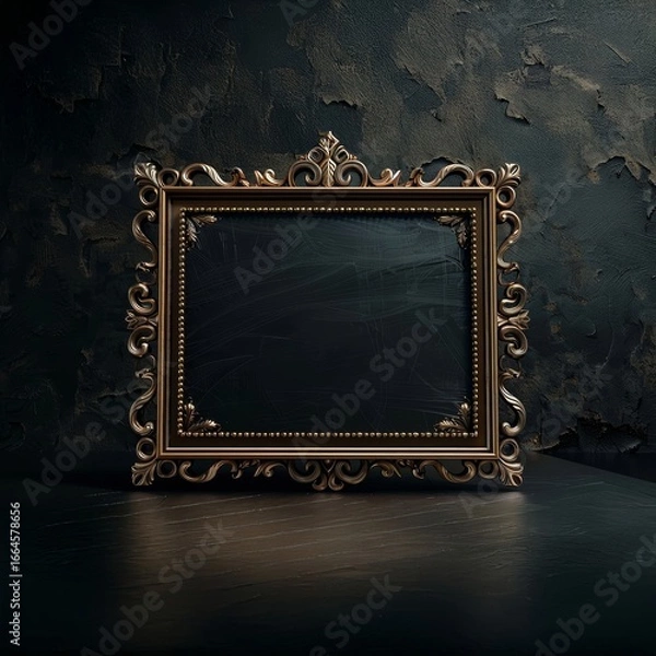 Fototapeta Antique gold picture frame with detailed beading, standing on a dark wooden surface against a dark, textured wall with a blank black center