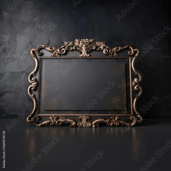 Fototapeta Ornate vintage gold horizontal picture frame with blank black center, leaning against a dark, textured wall on a black surface