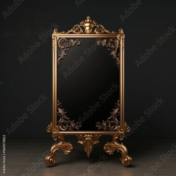 Fototapeta Elaborate ornate vintage gold easel with blank black center, standing on a tiled floor against a dark, textured wall