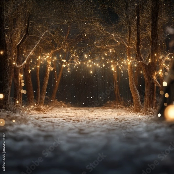 Fototapeta Snowy forest path illuminated with warm lights