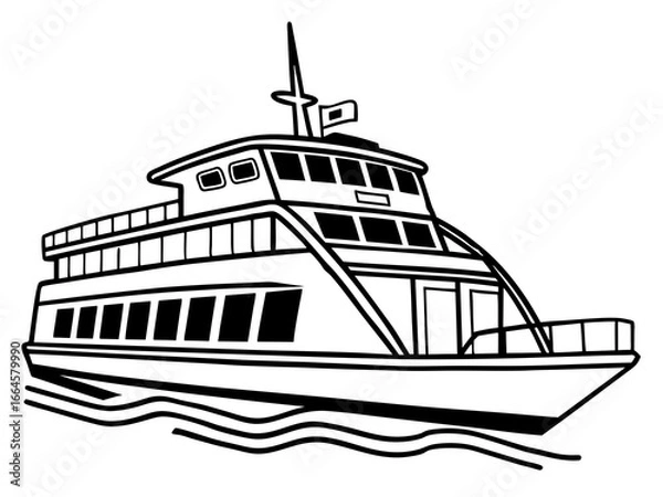Fototapeta Vector style coloring page with a simple black outline drawing of a ferry boat
