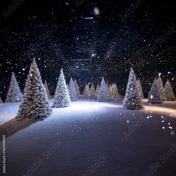 Fototapeta Winter landscape with frosted Christmas trees and snowfall