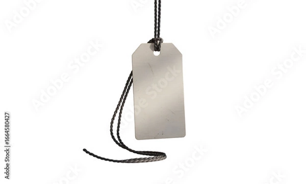 Fototapeta Blank metal identification tag with a black and white cord hanging isolated on a clean white background, ready for customization
