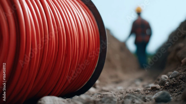 Fototapeta Red cable spool in foreground with blurred construction worker wearing helmet walking in trench on sunny day
