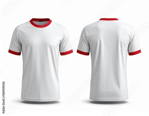 Obraz Blank white t-shirt with red ringer trim, featuring front and back views for apparel design mockups on an isolated background