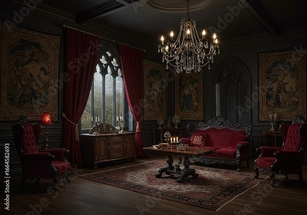 Fototapeta Luxurious Gothic Sitting Room with Red Velvet Furniture, Ornate Chandelier, and Tapestries on Dark Walls, Creating an Elegant Ambiance